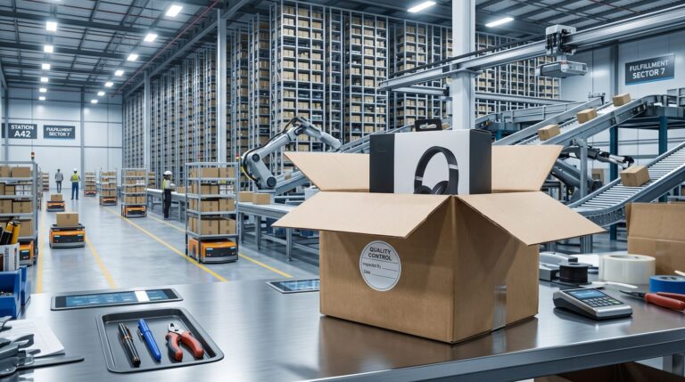 Opened return box with headphones and a quality control inspection sticker at a fulfillment center workstation