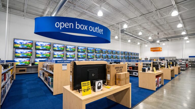 Electronics store open-box outlet section with a graded Open-Box Excellent price tag showing a markdown from 288.59 to 219.99