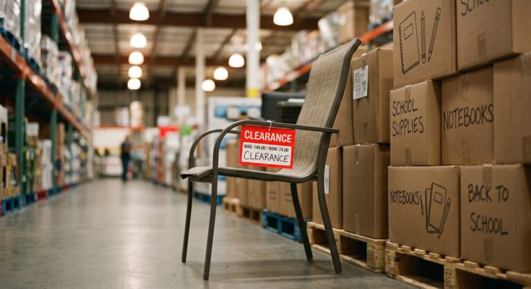 Patio chair marked down to half price on clearance beside pallets of incoming back to school supplies