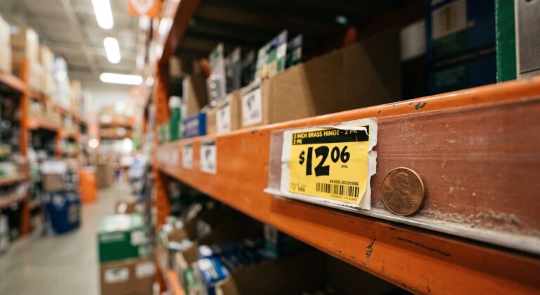 Yellow clearance tag ending in .06 on an orange store shelf with a penny resting beside it
