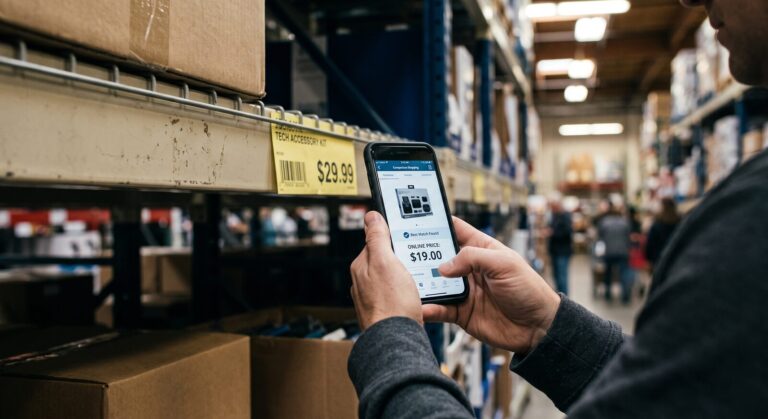 Shopper scanning a 29.99 shelf tag while the store app reveals a 19.00 hidden clearance price